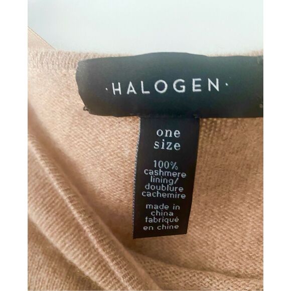 Halogen 100% Cashmere Strip Border Poncho in Tan O/S - Picture 4 of 8